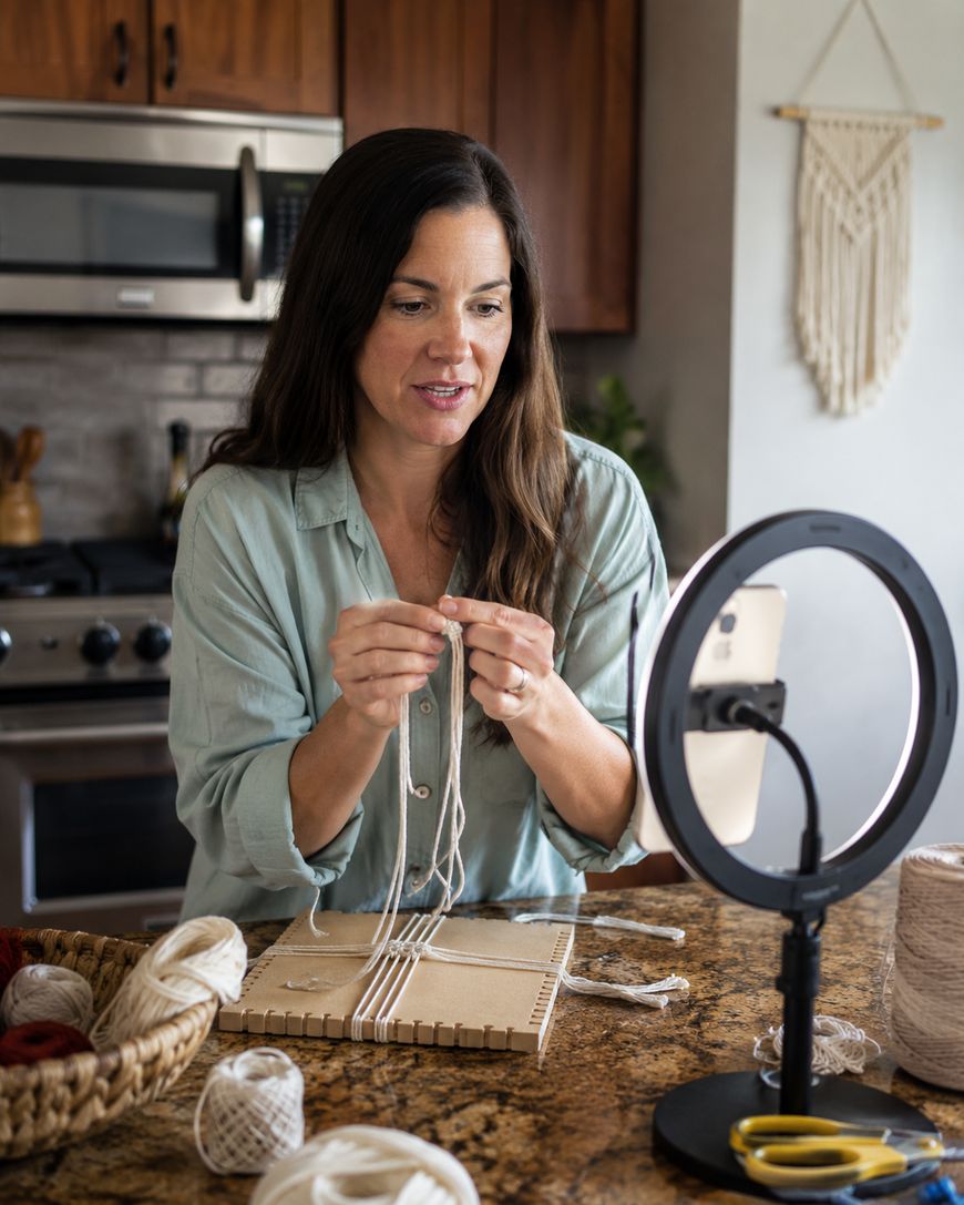 A woman sits at a kitchen worktop, demonstrating macramé craftwork in front of a mobile mounted on a ring light. Various yarns and tools are on the worktop, and macramé decor hangs on the wall behind her.