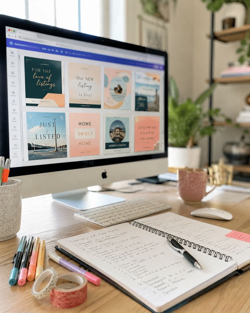 A desktop computer displays a design app with property listing templates. On the desk are notebooks, colourful pens, washi tape, a keyboard, a mouse, a coffee mug, and a plant in the background.
