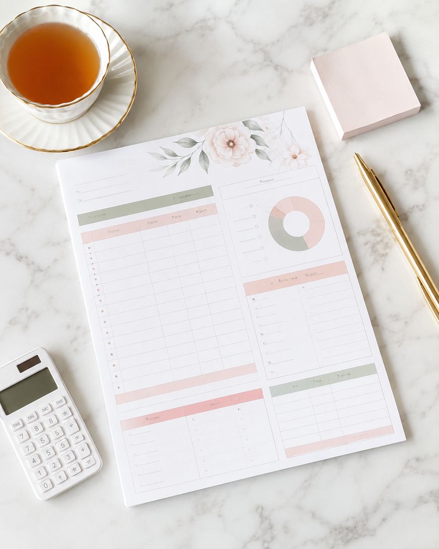 A floral-themed diary page on a marble desk with a gold pen, sticky notes, a cup of tea in a saucer, and a white calculator arranged neatly around it.