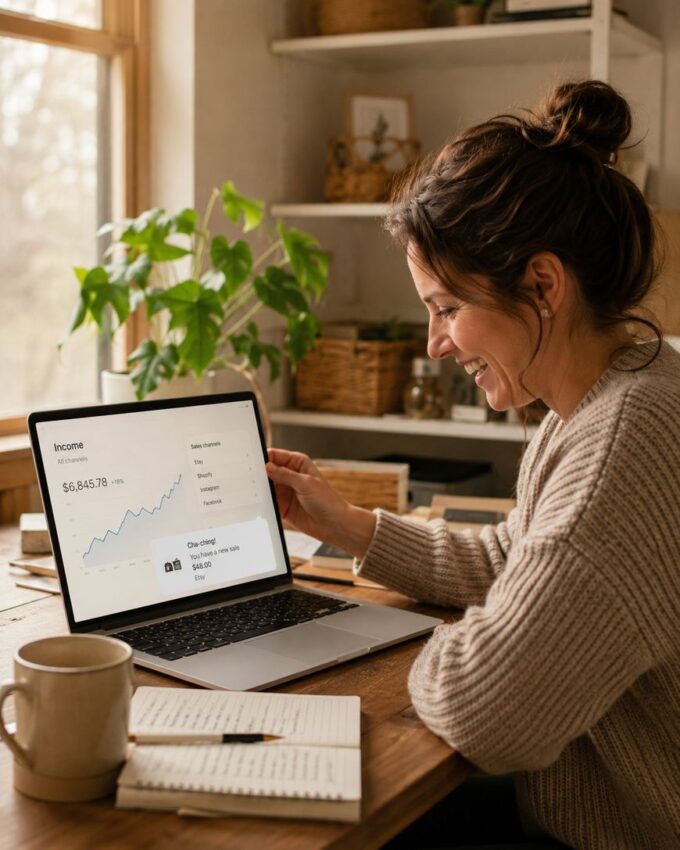 A woman sits at a desk smiling while looking at a laptop displaying an income graph. She is in a cosy, well-lit room with a mug, notebook, and plant nearby.