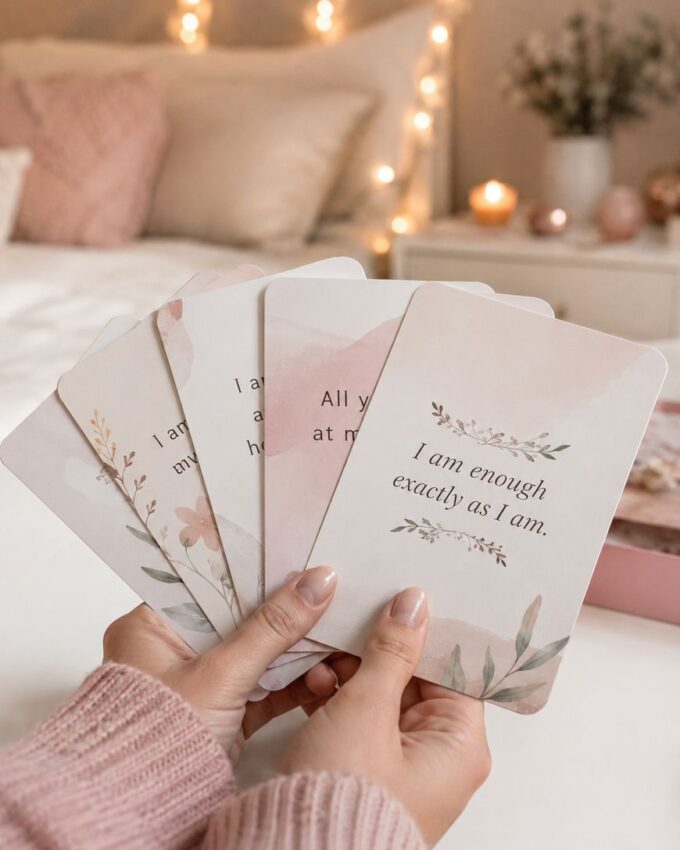 A person in a cosy jumper holds five affirmation cards with floral designs in a softly lit bedroom. The visible card reads, I am enough exactly as I am. The background shows warm fairy lights and a bed.