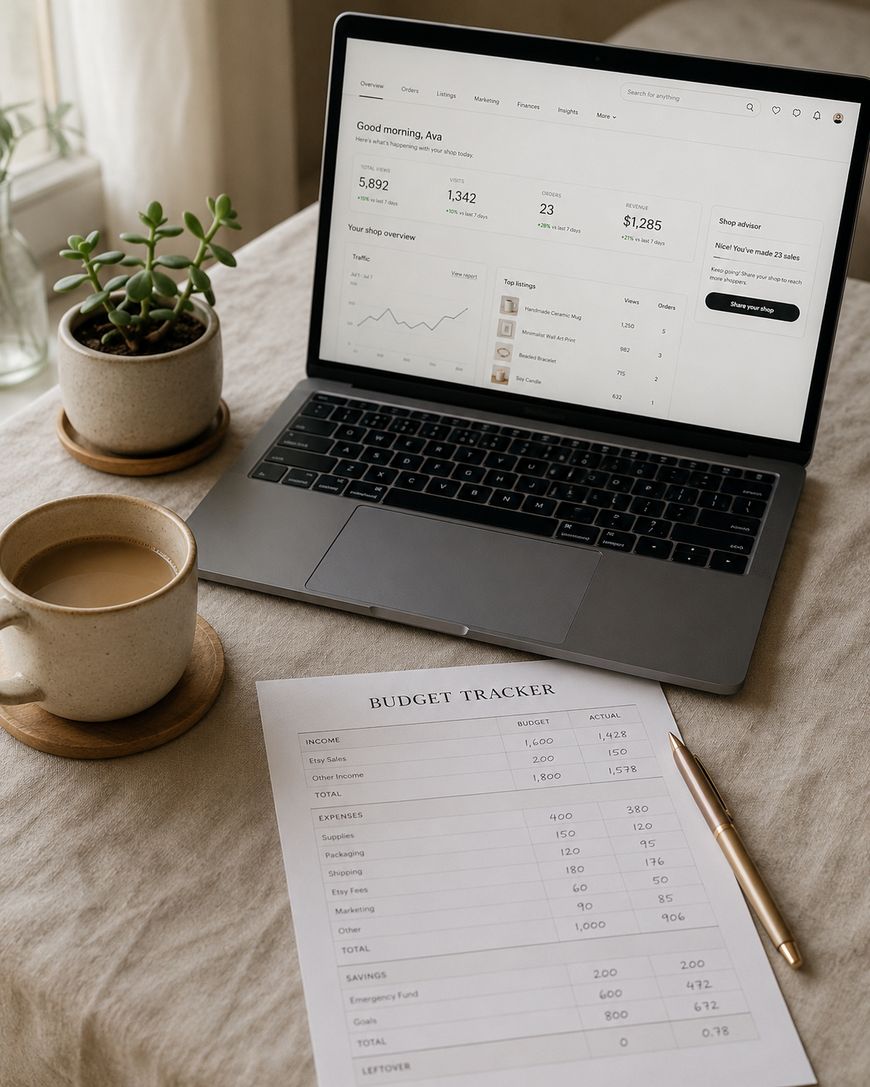 A laptop displaying a financial dashboard sits on a table beside a cup of coffee, a potted plant, and a printed budget tracker sheet with a pen. The scene appears calm and organised, suggesting financial planning.