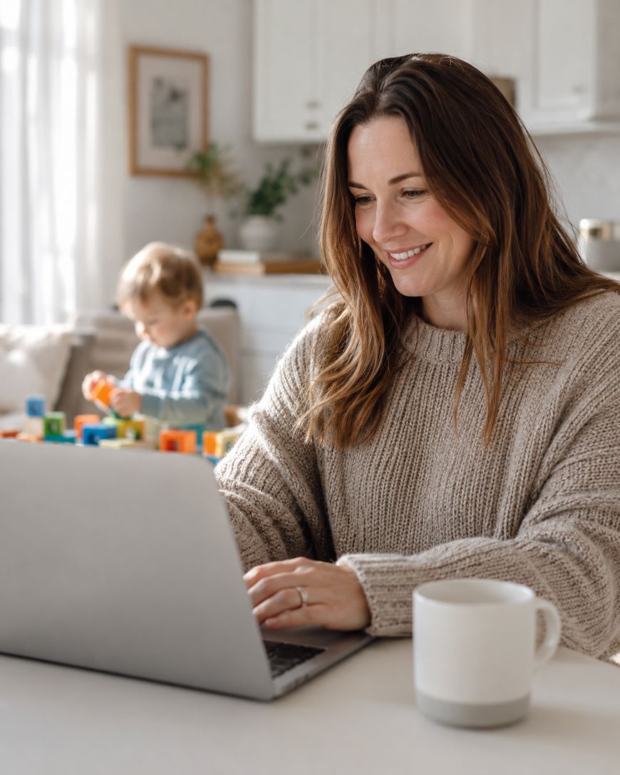 A woman smiles whilst working on a laptop at a kitchen table with a coffee mug nearby. In the background, a young child plays with colourful blocks on the sofa.