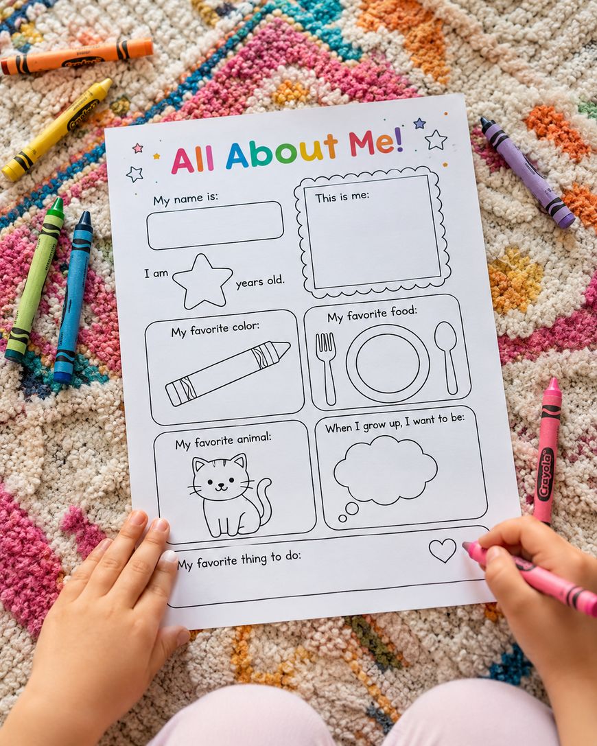 A child sits on a colourful rug holding a crayon, filling out an “All About Me!” worksheet with sections for name, age, favourite colour, food, animal, what they want to be, and favourite thing to do. Crayons are scattered around.