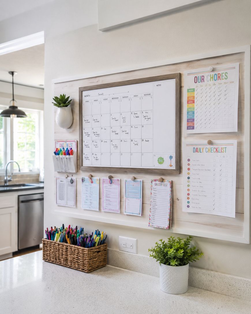 A family command centre on a kitchen wall features a large calendar, chore charts, checklists, colourful pens in a wall holder, a basket of markers on the worktop, and two small green potted plants for decoration.