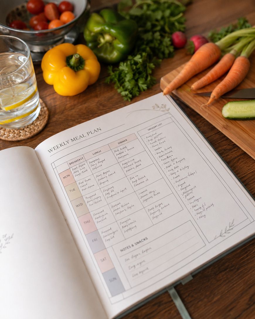 An open weekly meal plan notebook is on a table surrounded by fresh vegetables, including carrots, peppers, and a cucumber, with a glass of water and a bowl of tomatoes in the background.