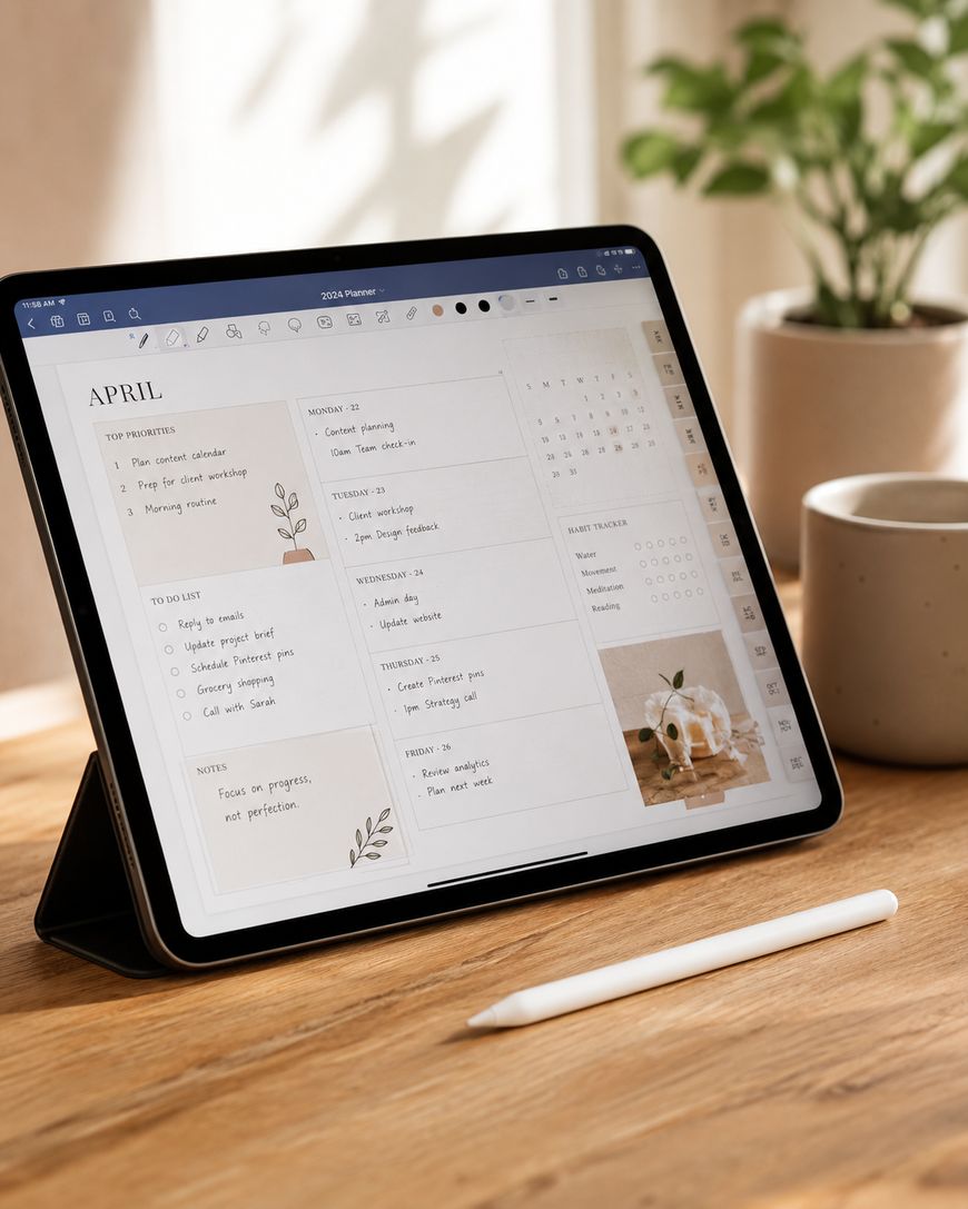 A tablet displaying a digital planner for April sits on a desk next to a white stylus and a beige coffee mug, with a green potted plant in the background. Sunlight streams onto the wooden surface.