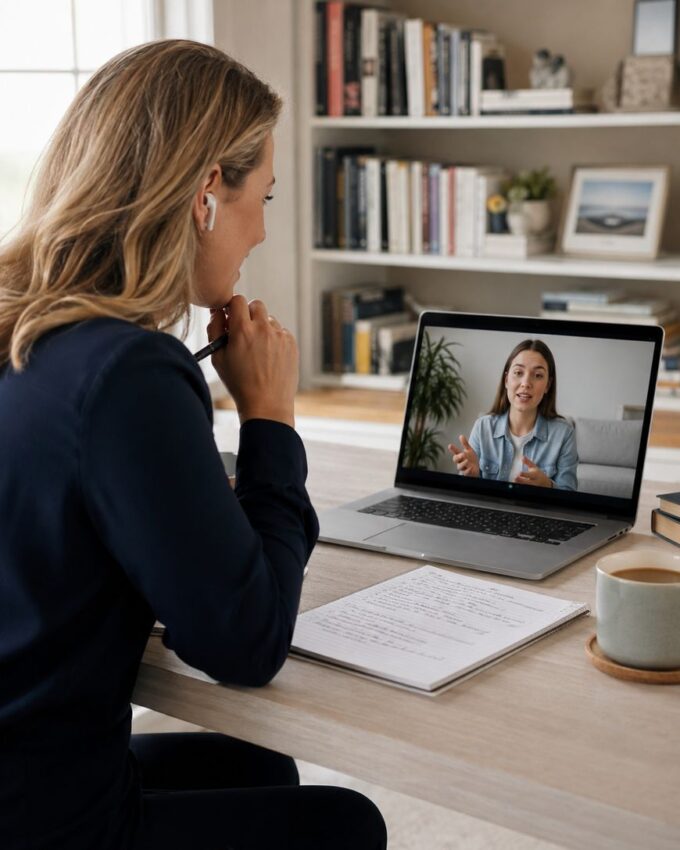 A woman sits at a desk with a notebook and coffee, participating in a video call on her laptop with another woman who is speaking. Bookshelves are visible in the background.