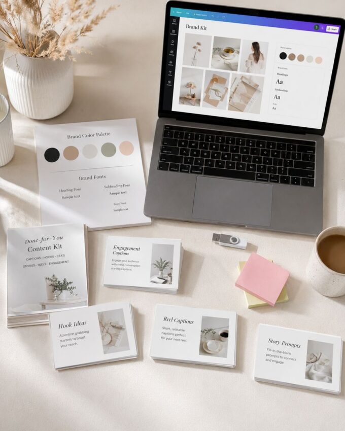 A workspace with a laptop showing a brand kit, papers with colour palettes and fonts, stacks of cards labelled with content ideas, a cup of coffee, sticky notes, a memory stick, and a vase with dried flowers.