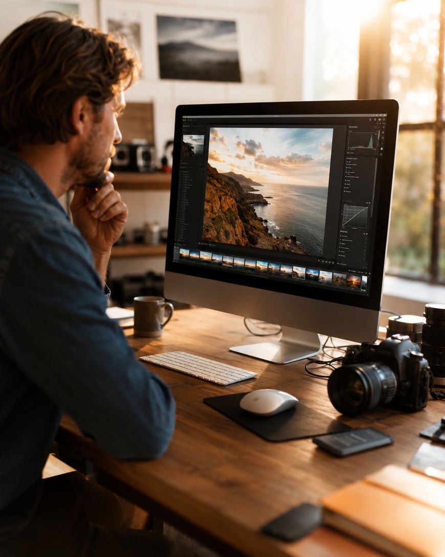 A person sits at a wooden desk, editing a landscape photo of a coastline on a large computer monitor. The workspace is well-lit and scattered with a camera, lenses, and photography equipment.