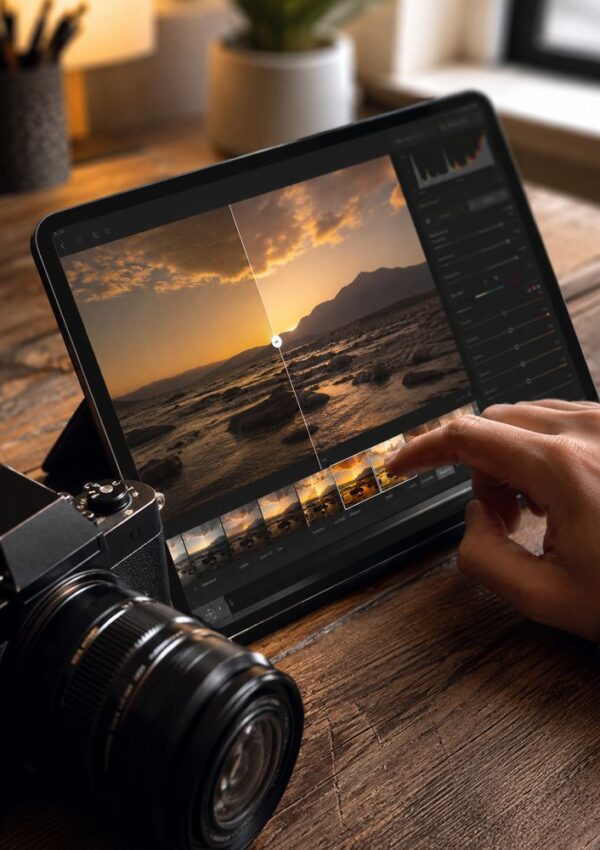 A person edits a sunset photo on a tablet using photo editing software, exploring digital product niche ideas to make money. A camera and lens rest on the wooden table, whilst the screen displays before and after versions of the image.