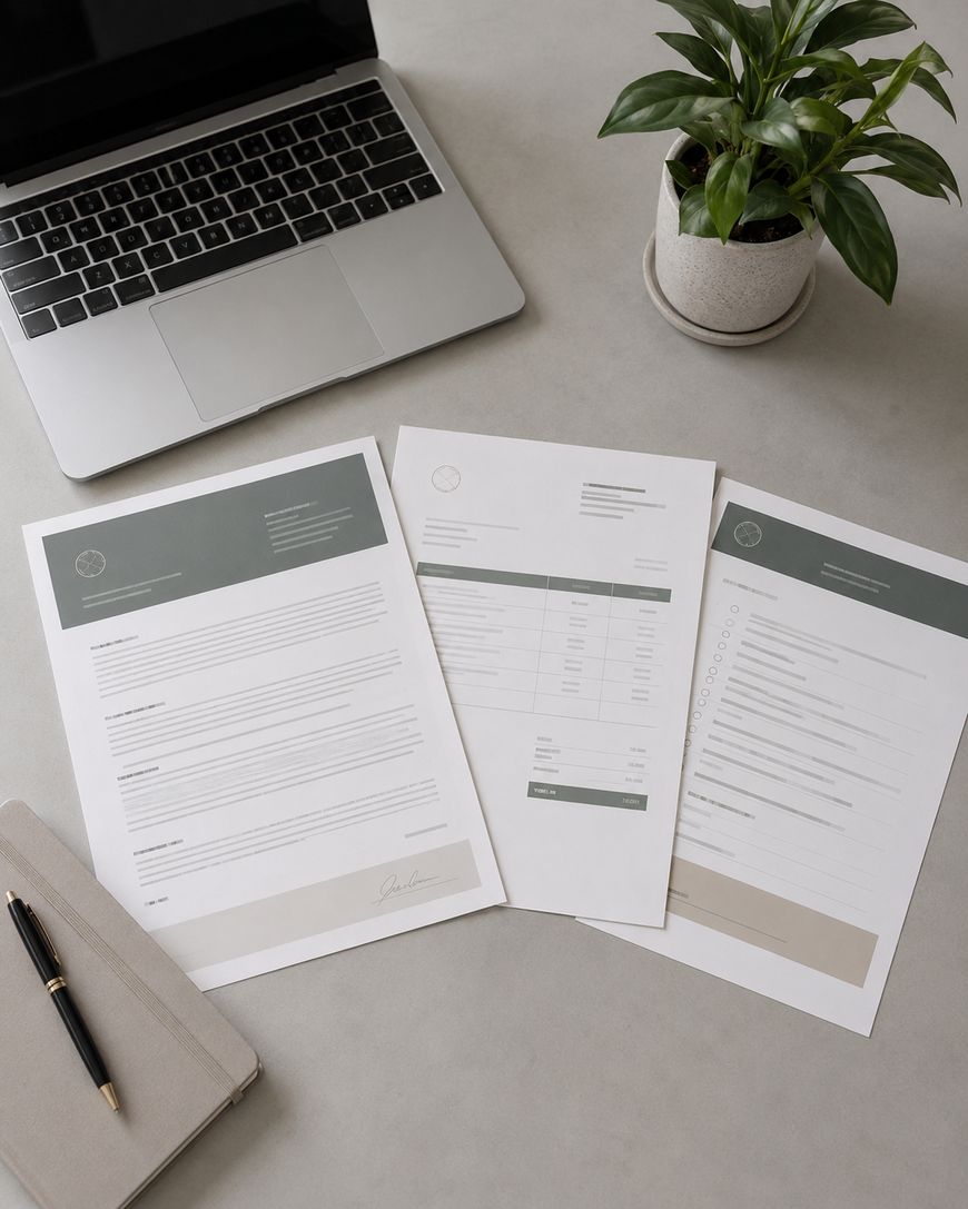 A laptop, a potted plant, a notebook with a pen, and three printed documents with charts and text are arranged neatly on a light-coloured desk.