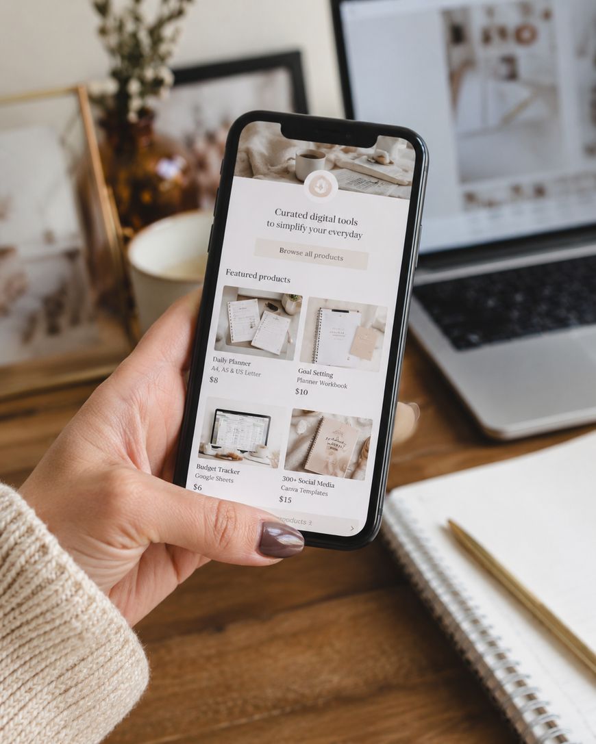 A person holds a smartphone displaying a digital stationery shop website, with featured products listed. In the background are a laptop, notebook, pen, and decor items on a wooden desk.