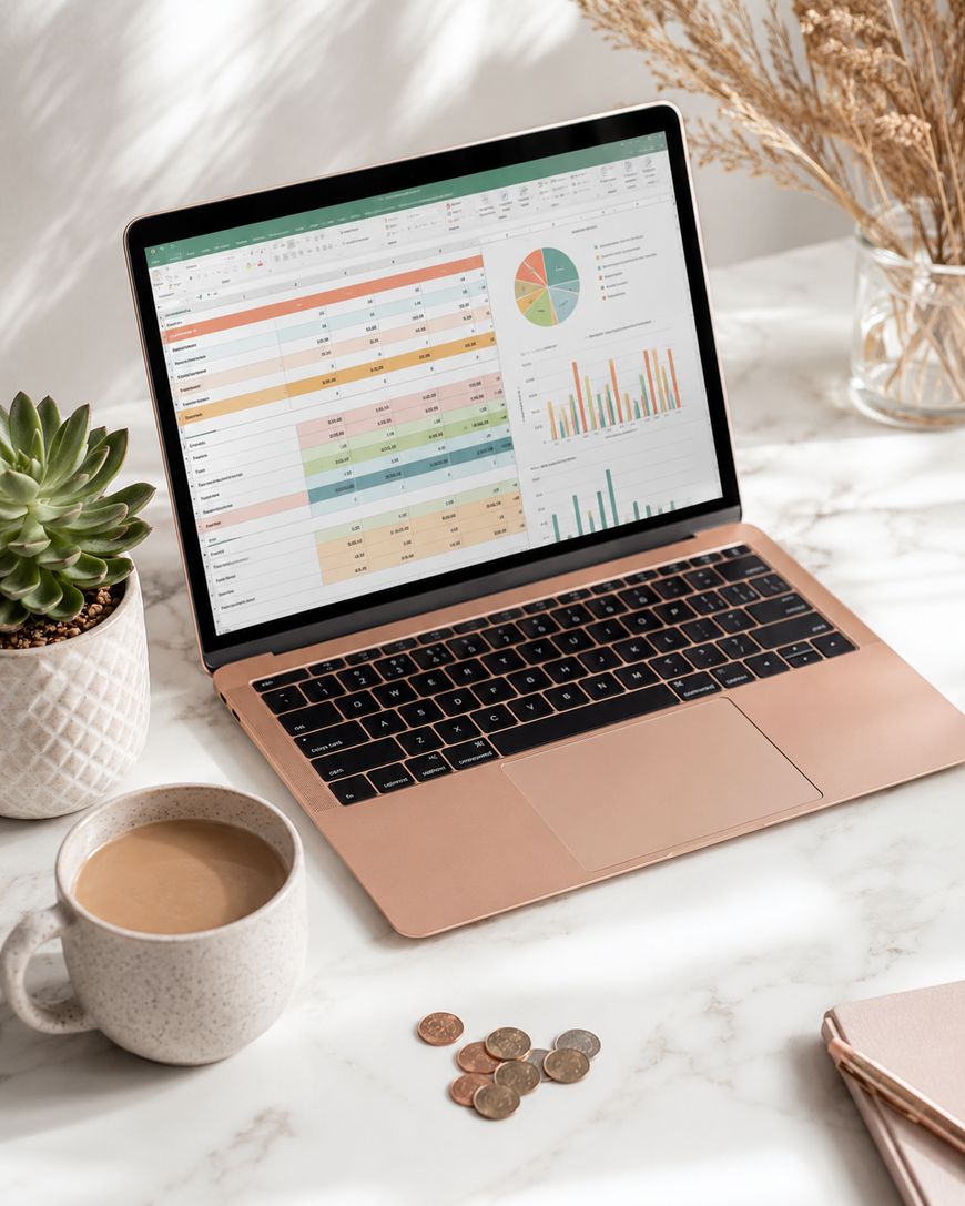 A rose gold laptop displaying colourful charts and spreadsheets sits on a marble table. Nearby are a cup of coffee, a potted succulent, scattered coins, and dried plants in a vase, creating a tidy workspace.
