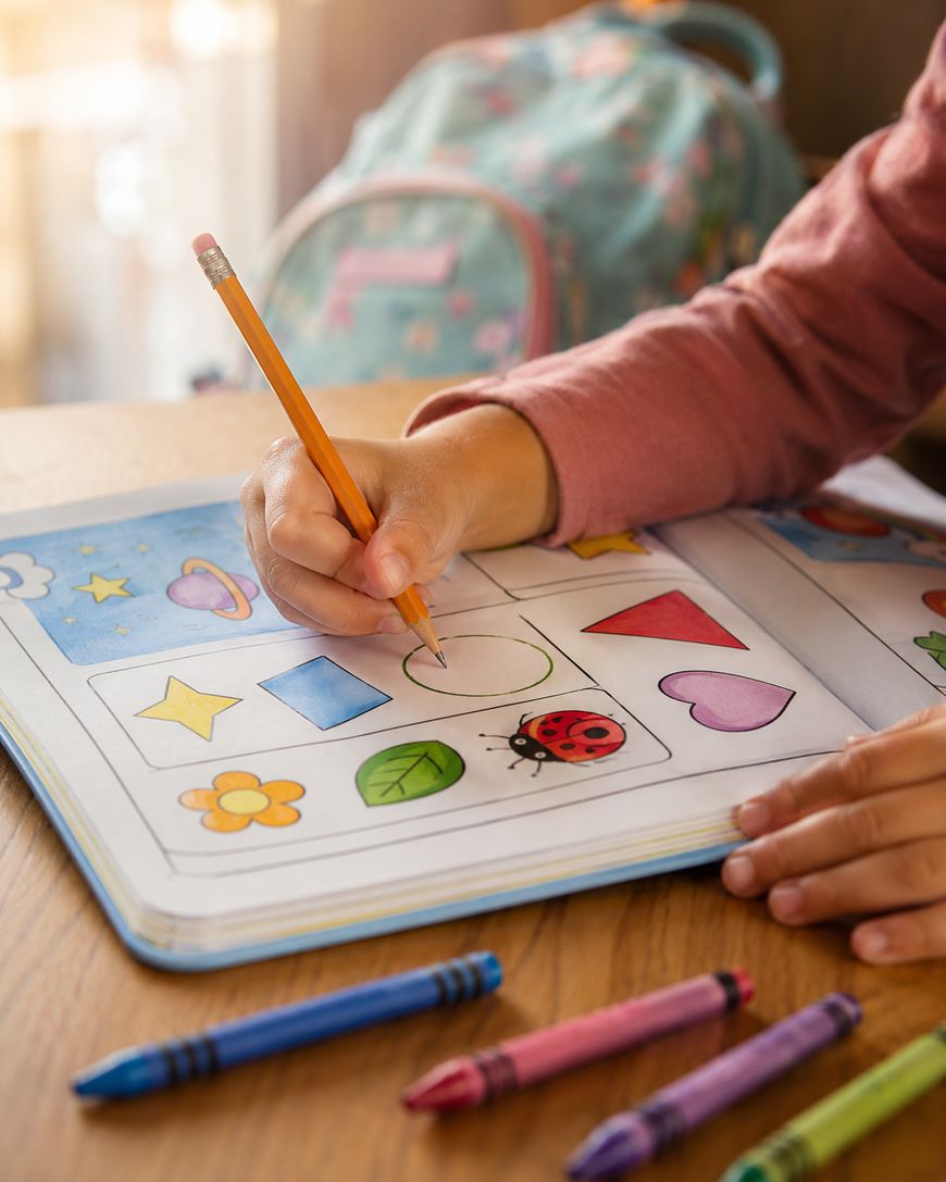 A child’s hand draws with a pencil in a colourful activity book featuring shapes and images like a star, ladybird, and leaf. Crayons and a rucksack are visible on the wooden table.