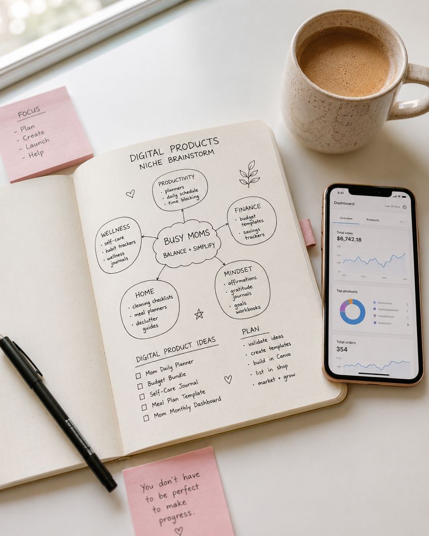 A notebook open to a digital product brainstorming page with mind maps, a pen, two pink sticky notes, a cup of coffee, and a mobile displaying analytics on a white table.