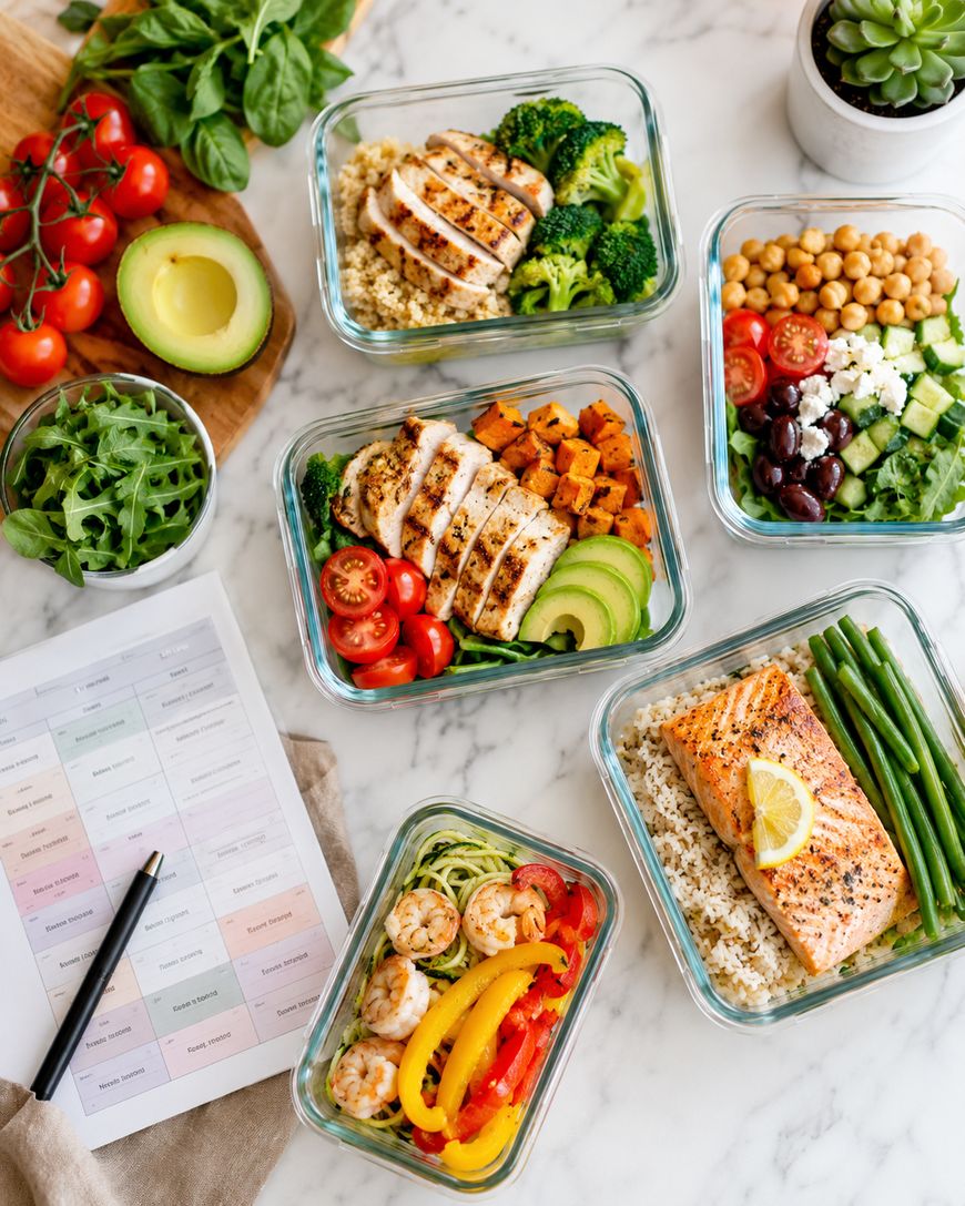 Five glass meal prep containers with assorted healthy meals featuring grilled chicken, salmon, prawns, rice, vegetables, and fresh greens. Surrounding items include avocado, tomatoes, rocket, meal plan, and a pen.