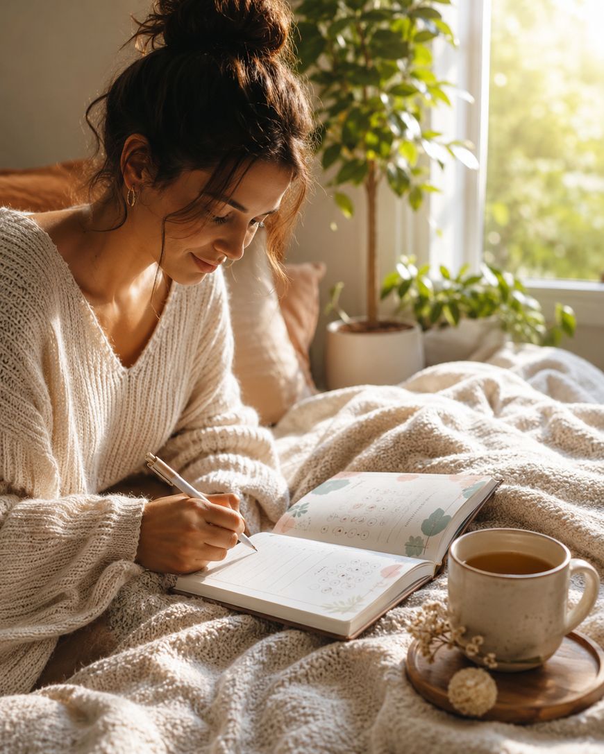 A woman in a cosy jumper sits on a bed, writing in a diary. Sunlight streams through a window, illuminating plants in the background. A cup of tea and saucer rest on a wooden tray beside her.