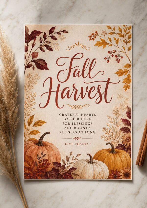 A “Autumn Harvest” card with pumpkins, autumn leaves, and the message: “Grateful hearts gather here for blessings and bounty all season long. Give thanks.” Pampas grass and a cinnamon stick lie nearby.