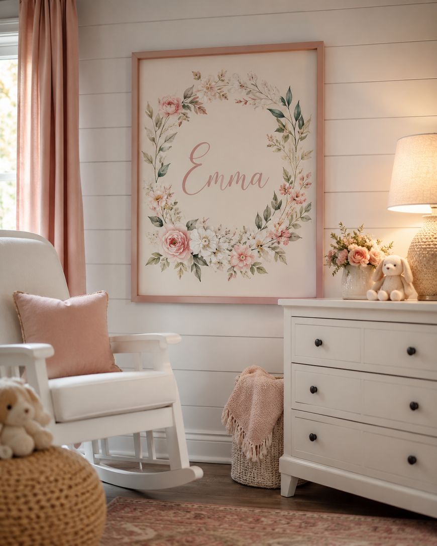 A cosy nursery with a white rocking chair, pink cushion, chest of drawers, lamp, soft toys, and floral wall art that says “Emma.” The decor features soft pink, white, and cream tones, creating a warm, inviting atmosphere.
