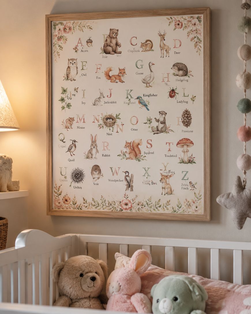 Framed animal alphabet poster hangs above a cot with teddy bears and a pink bunny. A lamp glows softly on the left, and a star garland hangs on the right wall. The scene feels cosy and gentle.