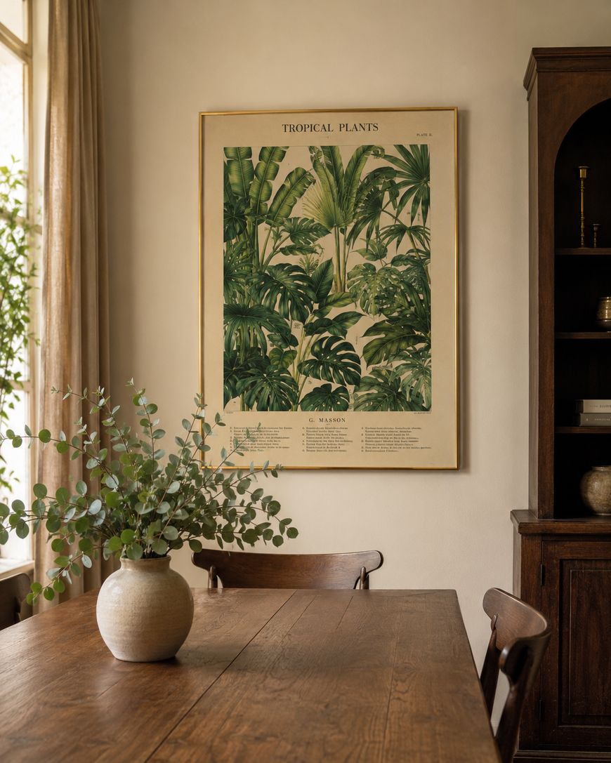 A wooden dining table with a vase of greenery sits in a cosy room. On the wall, there’s a framed botanical poster titled “Tropical Plants.” Soft light filters in through a window with sheer curtains.