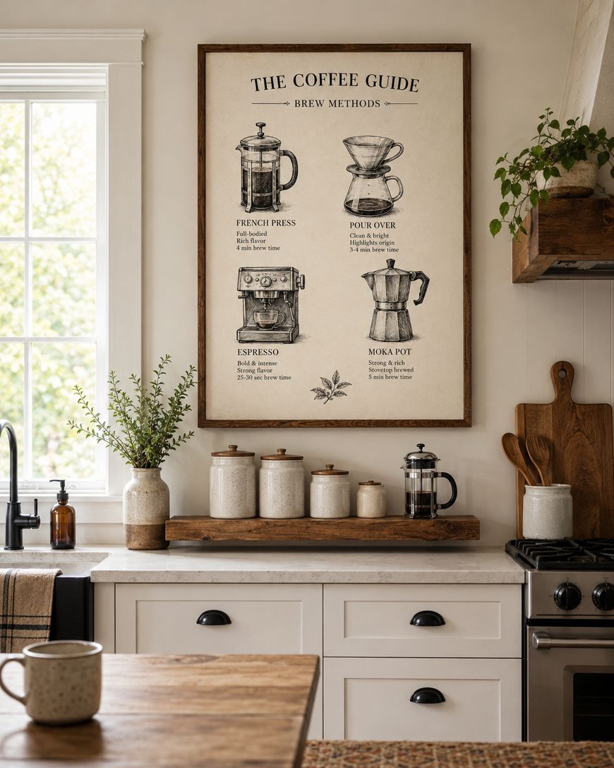 A cosy kitchen with a wooden worktop, white cupboards, ceramic jars, plants, and a large framed “The Coffee Guide” poster showing different coffee brewing methods on the wall above a shelf.