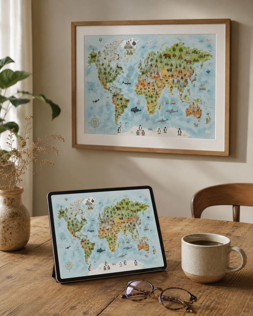 A tablet and a framed map showing world animals sit on a wooden table with a cup, glasses, and vase nearby. Natural light streams in, creating a cosy setting.