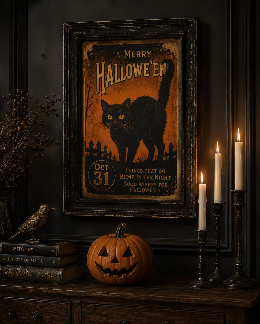 A vintage Hallowe’en poster with a black cat hangs above a table with a carved pumpkin, three lit candles, books, and a crow figurine, all set against a dark, moody background.