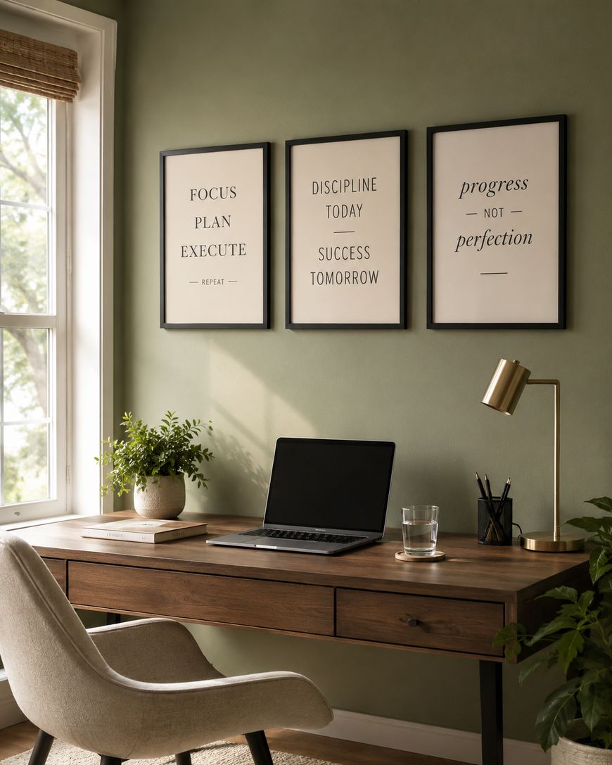 A home office with a wooden desk, laptop, lamp, glass of water, and plant. Three framed motivational quotes hang on a green wall above the desk. A window on the left lets in natural light.