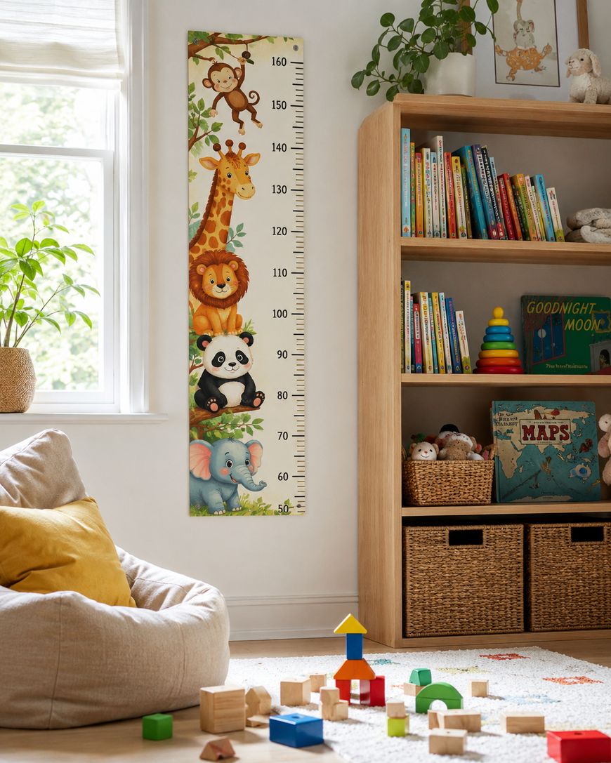 A children's room with a height chart featuring cartoon animals, a bookshelf with books and baskets, a window, bean bag, toy blocks on a rug, and some plants.