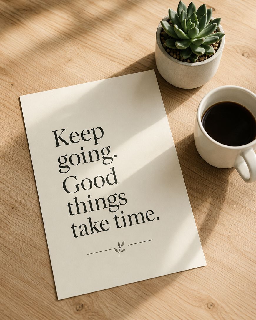 A piece of paper with the words Keep going. Good things take time. sits on a wooden table beside a cup of coffee and a small potted succulent plant.