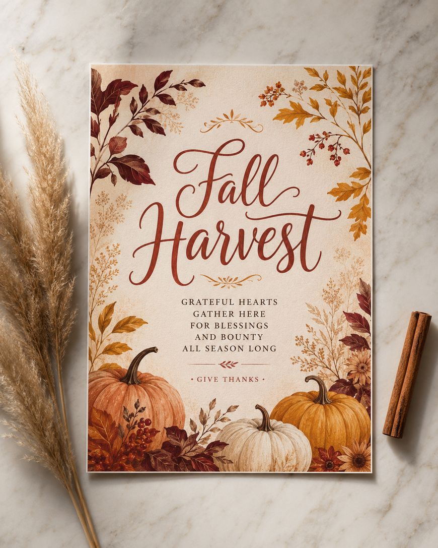 An Autumn Harvest card with pumpkins, autumn leaves, and branches. The card reads: Grateful hearts gather here for blessings and bounty all season long. Give thanks. Placed on a marble surface with pampas grass and a cinnamon stick.