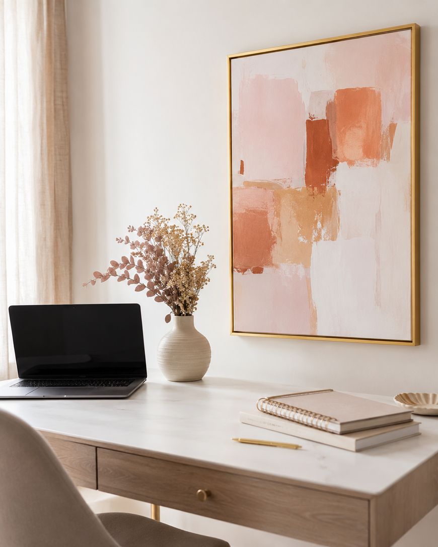A minimal workspace with a laptop, vase of dried flowers, closed notebooks, pencil, and abstract art in peach tones on the wall above a light wood desk. Natural light streams in through a curtain.