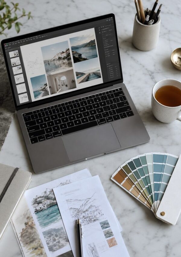 A laptop displaying photo editing software sits on a marble desk with colour swatches, printed photos, a notebook, pen, cup of tea, and a pot of pens and brushes nearby.