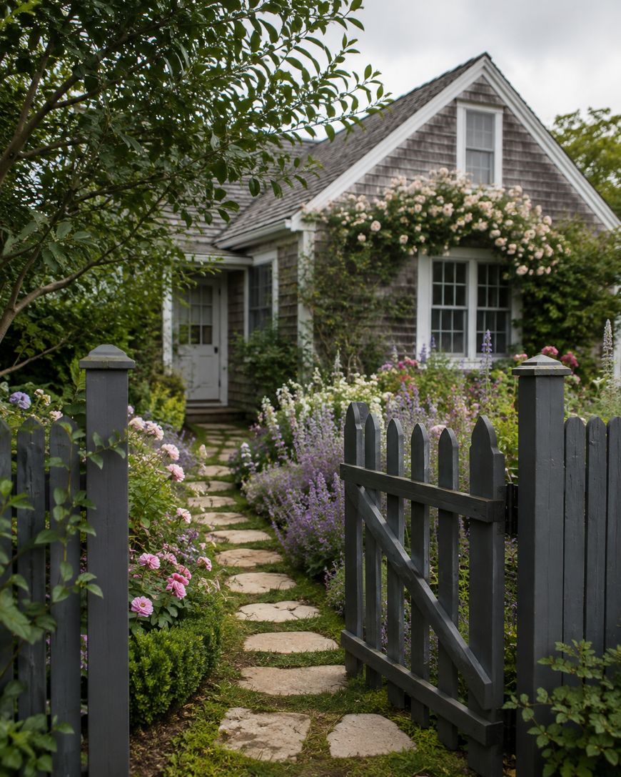 A stone path leads through a garden of blooming flowers to a rustic cottage with grey cladding and a wooden gate. Roses climb the cottage wall, and greenery surrounds the cosy scene.