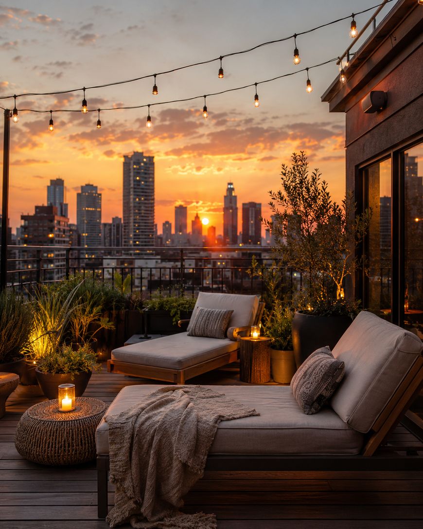 Cosy rooftop patio with cushioned lounge chairs, fairy lights, candles, and plants overlooks a city skyline at sunset with a warm, inviting glow.