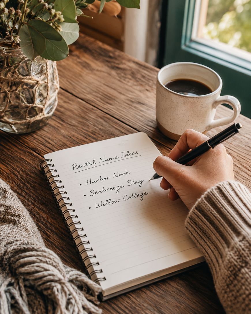 A hand writes rental name ideas—Harbour Nook, Seabreeze Stay, Willow Cottage—in a notebook on a wooden table, with a cup of coffee, a vase of flowers, and a cosy knitted blanket nearby.
