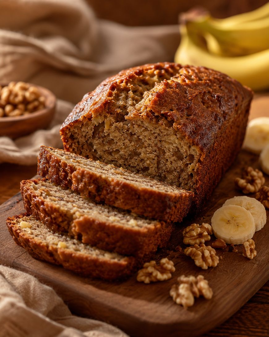 A partially sliced loaf of banana bread on a wooden board, with cookies blurred in the background.
