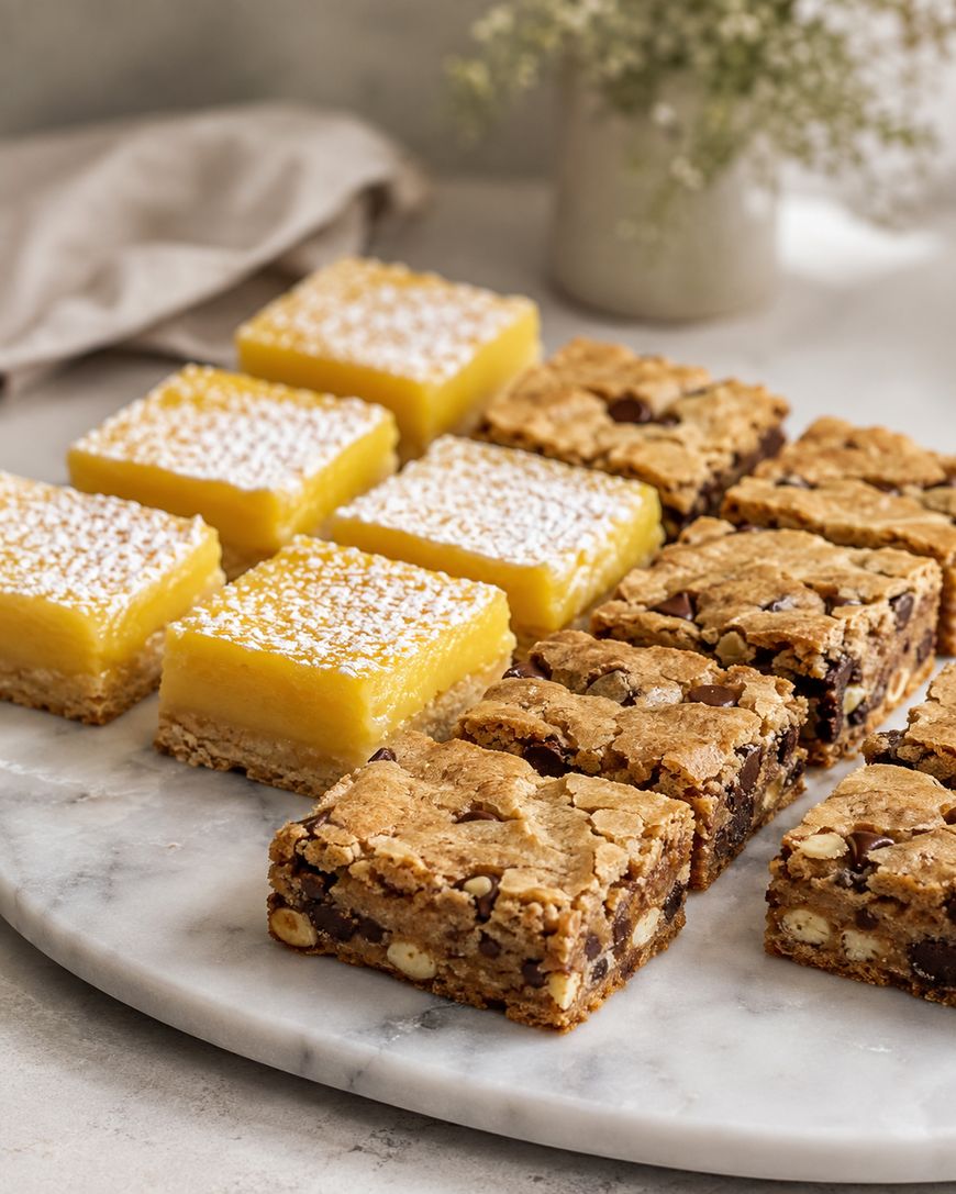 Lemon bars dusted with powdered sugar arranged beside cookie bars on a serving board.
