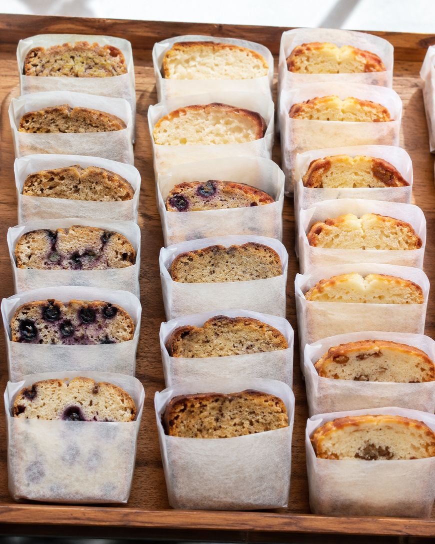 Mini loaf cakes in paper wrappers on a marble surface, including blueberry, banana and plain vanilla.