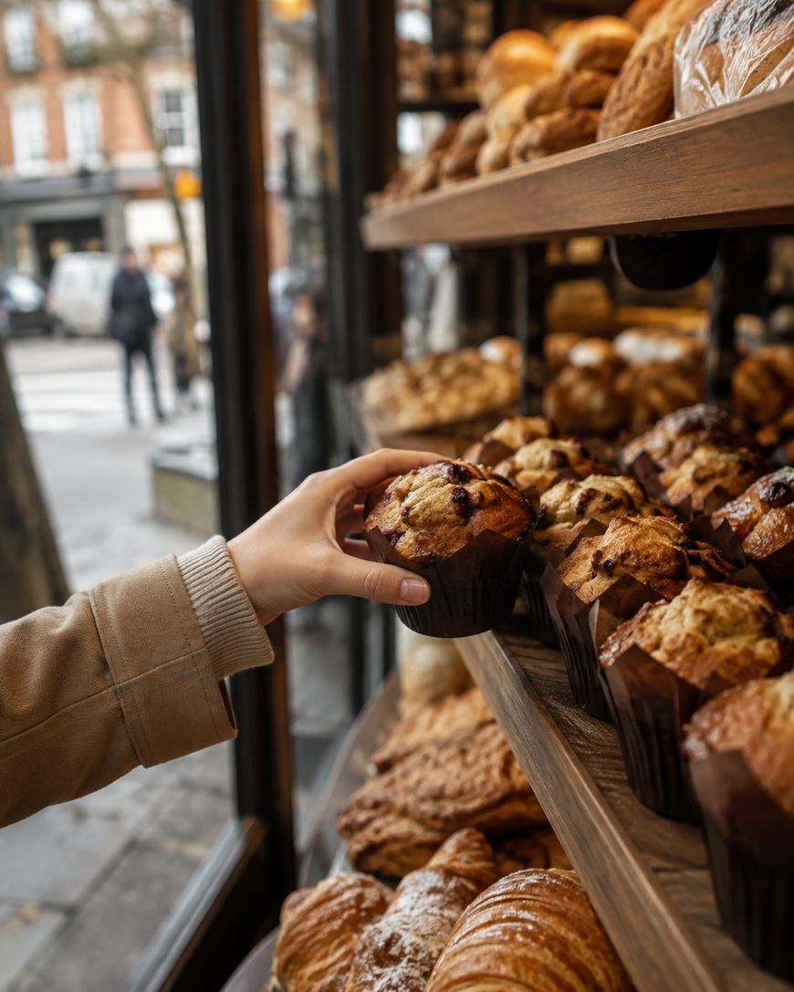 A hand reaching into a bakery case to pick up a chocolate chip muffin from a tray.