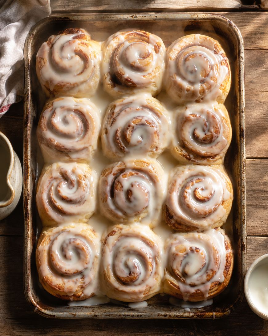 A tray of freshly baked cinnamon rolls covered in white icing, still warm in the pan.