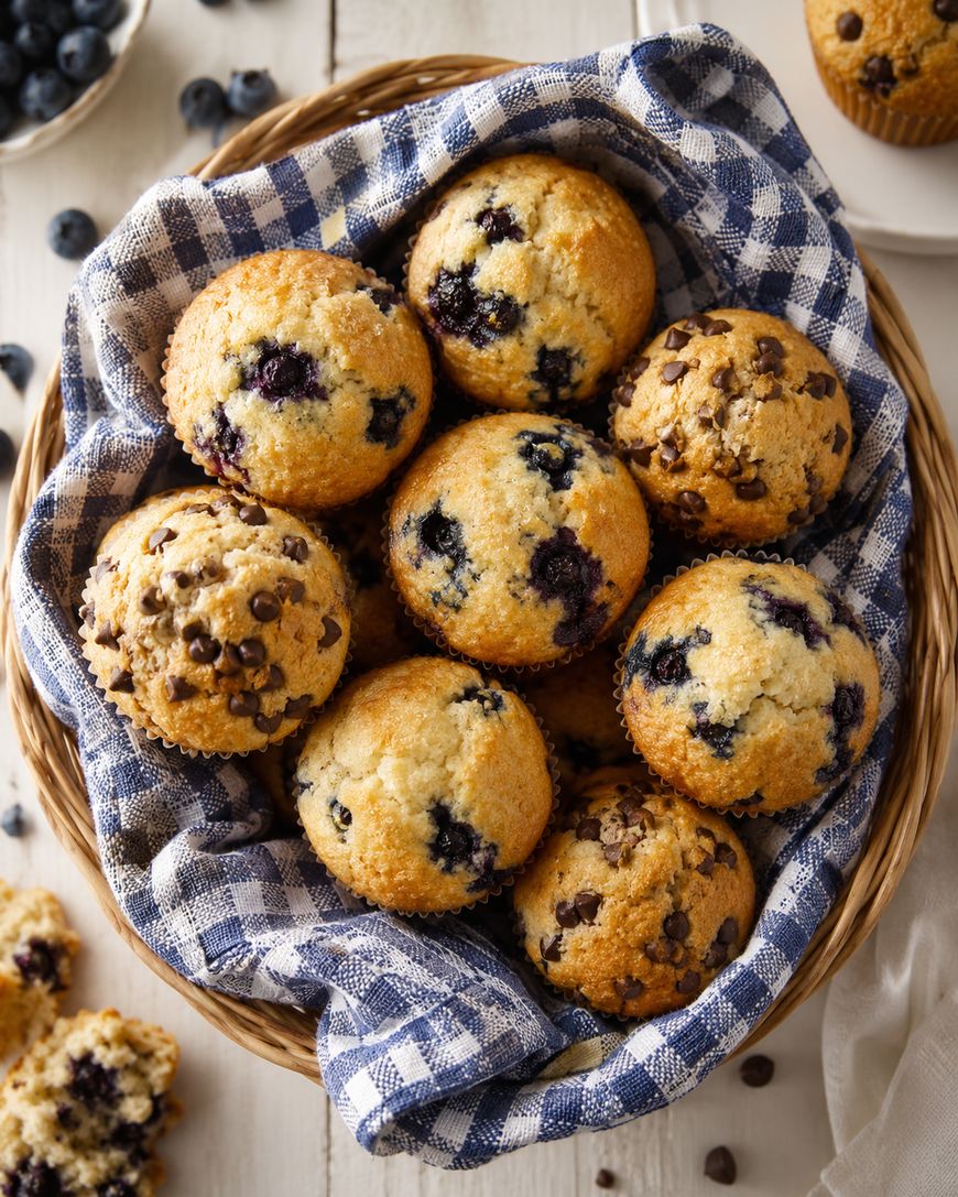 A basket lined with checked cloth holding chocolate chip and blueberry muffins with domed golden tops.