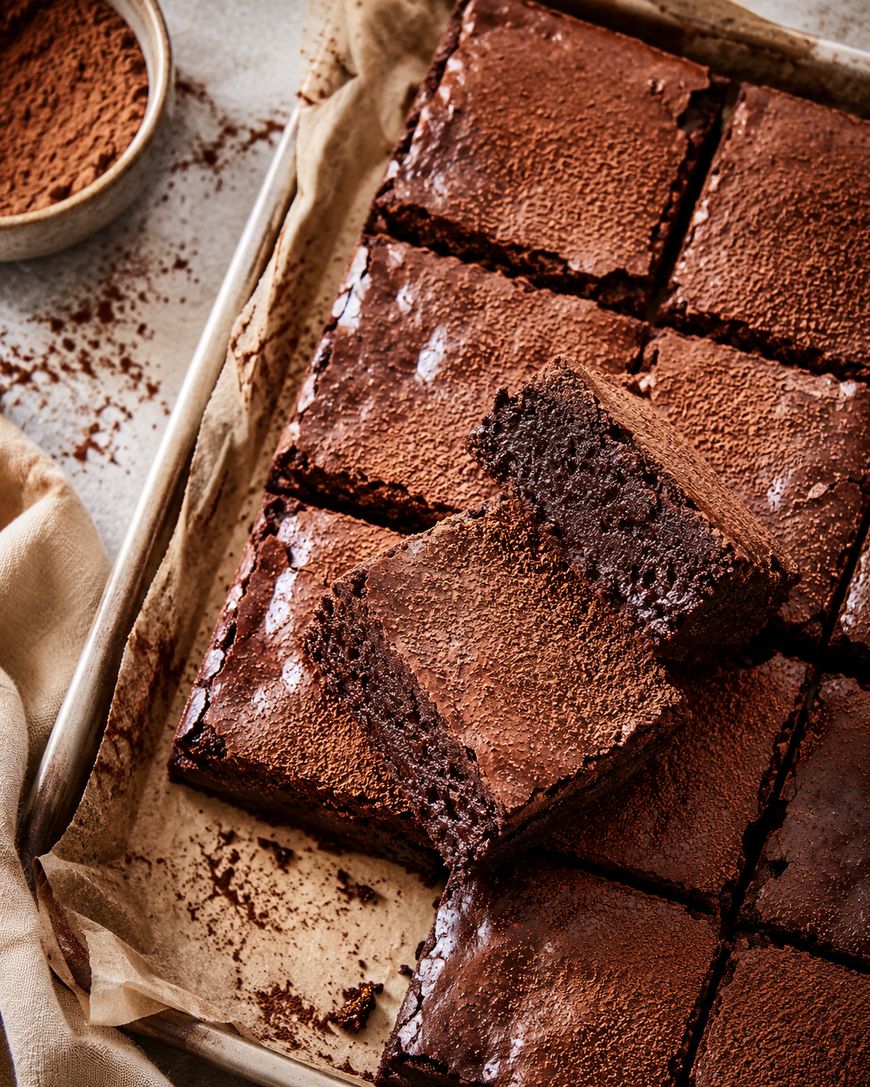 A tray of dark chocolate brownies cut into squares, with visibly fudgy centers.