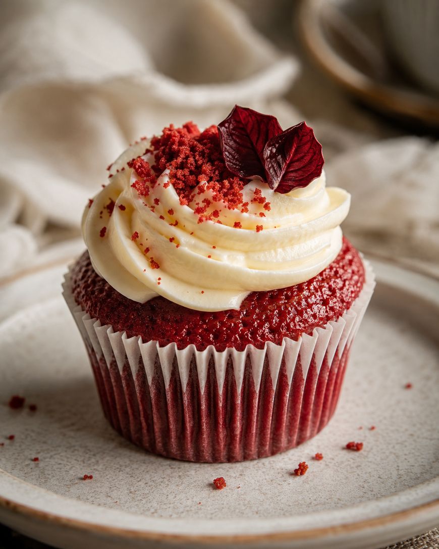 A red velvet cupcake topped with a tall swirl of cream cheese frosting and red sprinkles.