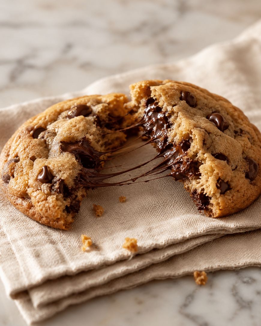A chocolate chip cookie broken in half with melted chocolate stretching between the two pieces, resting on a linen cloth.
