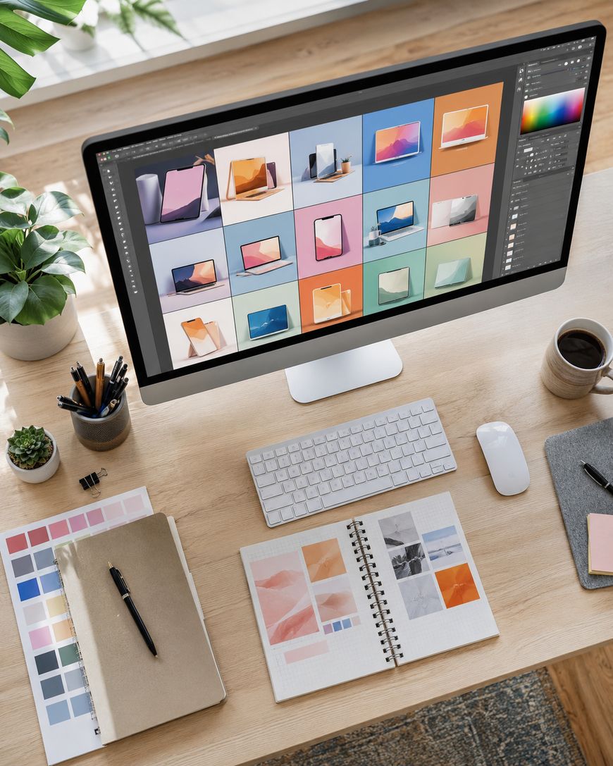 Computer screen showing a grid of colorful Canva design mockups