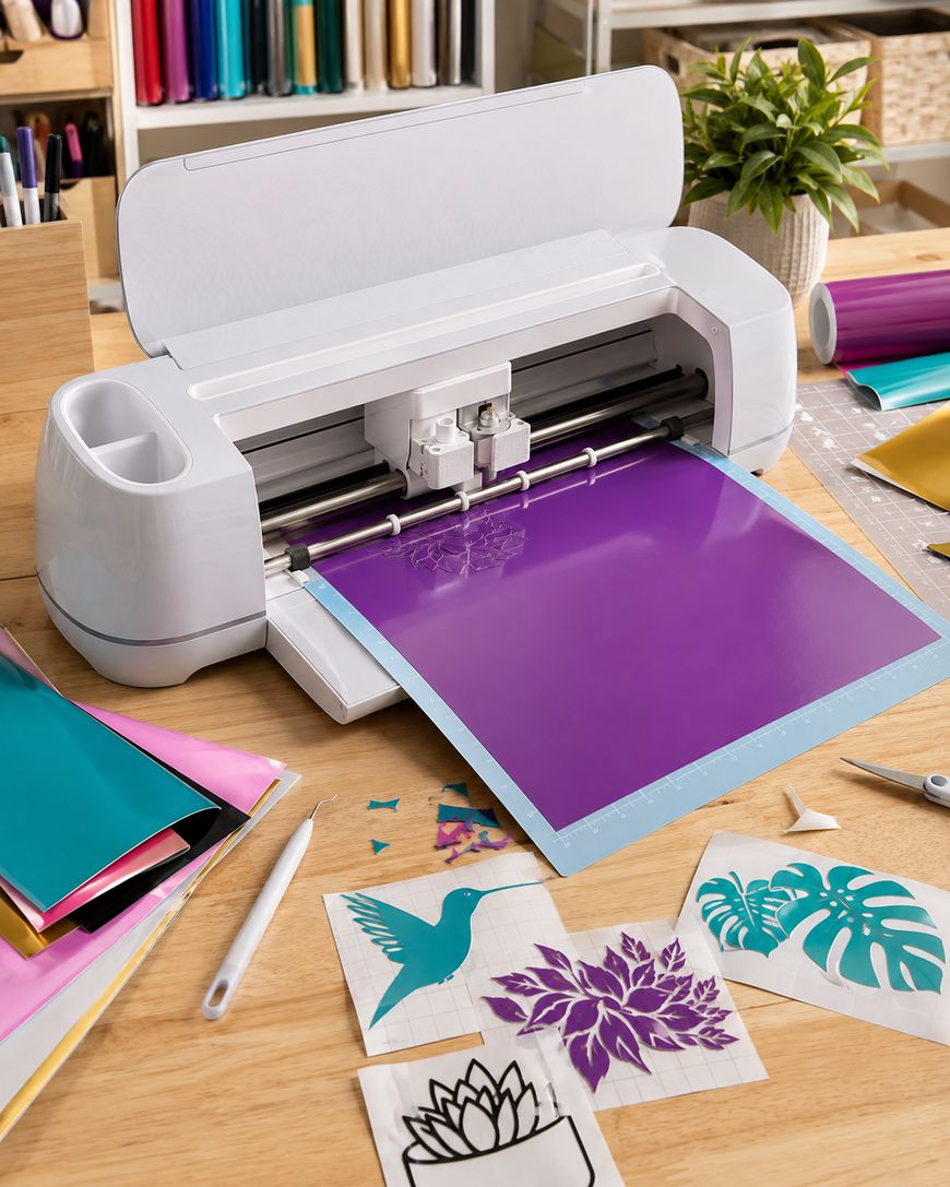Cricut cutting machine creating colorful vinyl craft designs