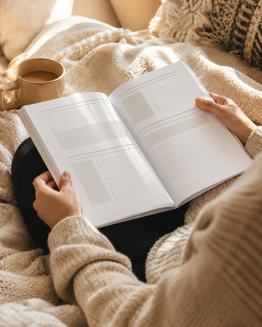 Person reading a printable workbook while relaxing with coffee
